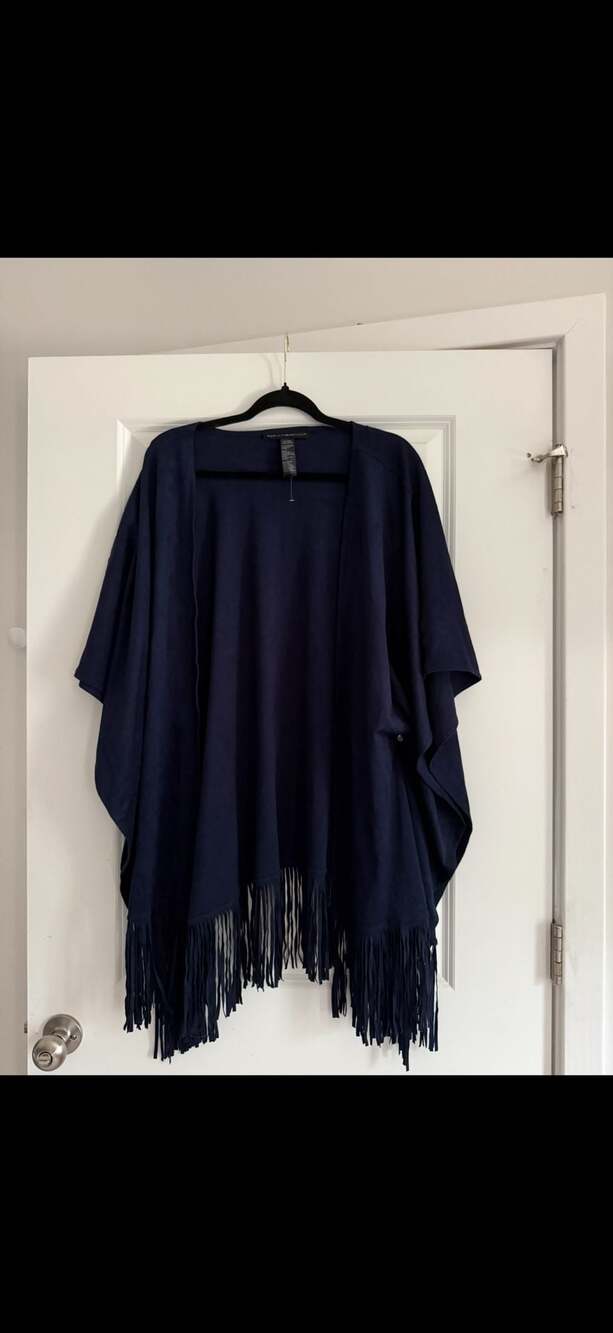 White House Black Market Navy Blue Faux Suede Fringe Poncho Wrap